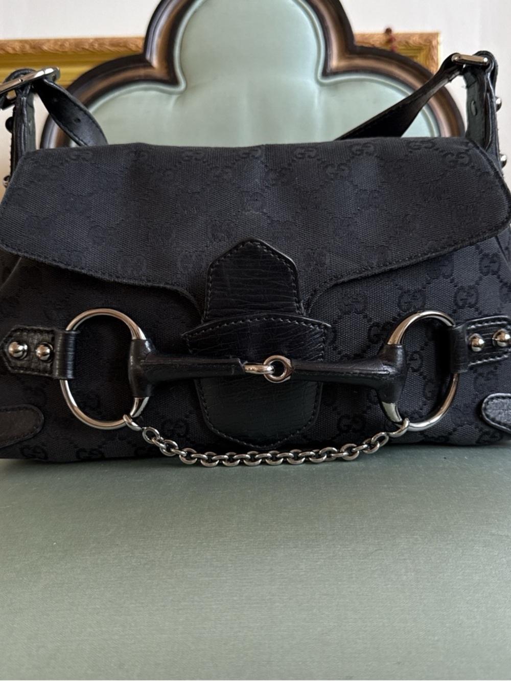 Gucci Black GG Canvas Shoulder Bag with Horsebit Chain